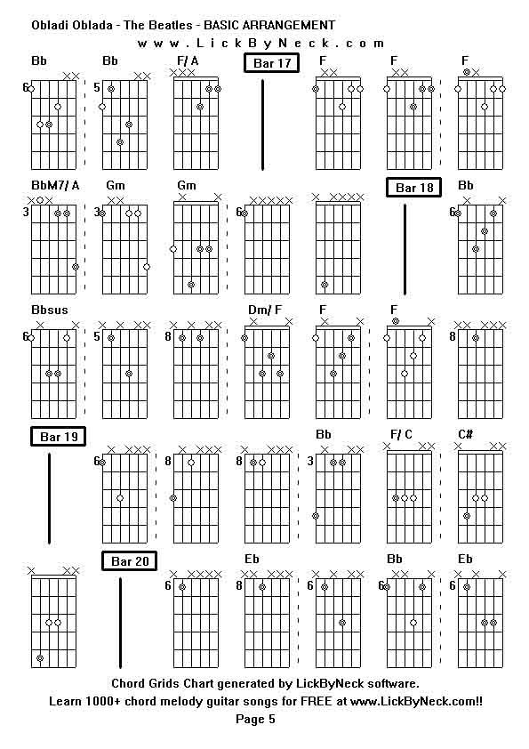 Chord Grids Chart of chord melody fingerstyle guitar song-Obladi Oblada - The Beatles - BASIC ARRANGEMENT,generated by LickByNeck software.